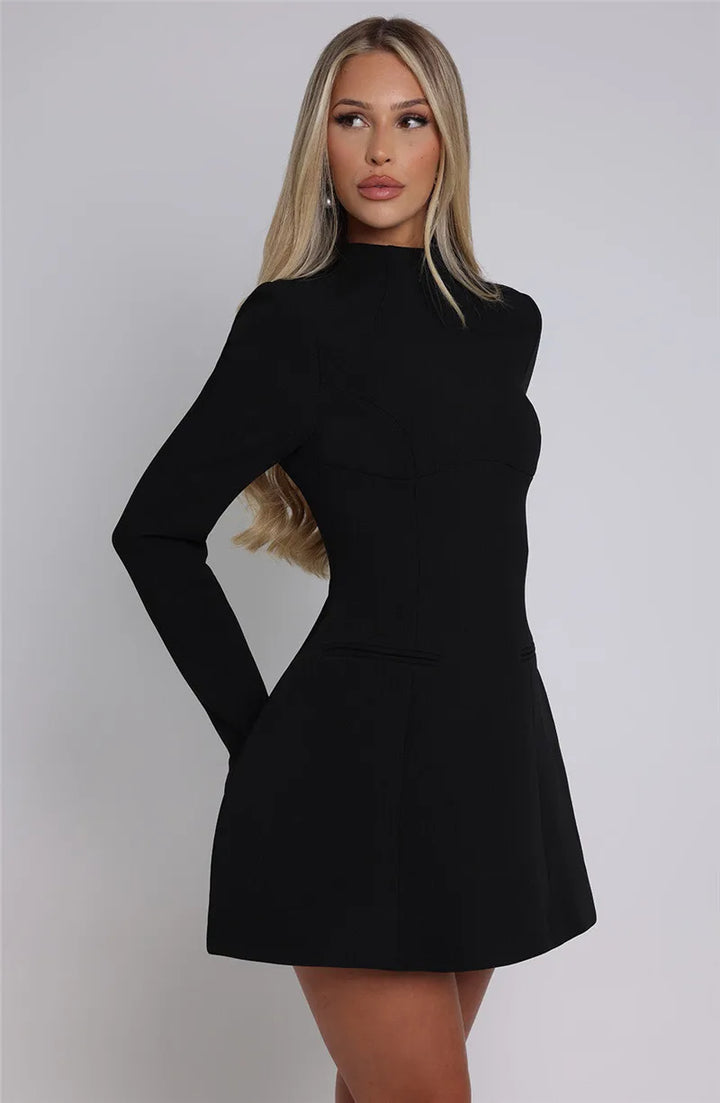 Elara White High Neck Long Sleeve Mini Dress