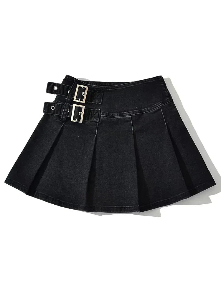 Violetta Buckle Detail Pleated Denim Mini Skirt
