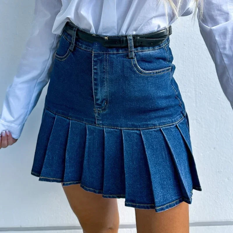 Virelise Pleated Cotton Denim Skirt