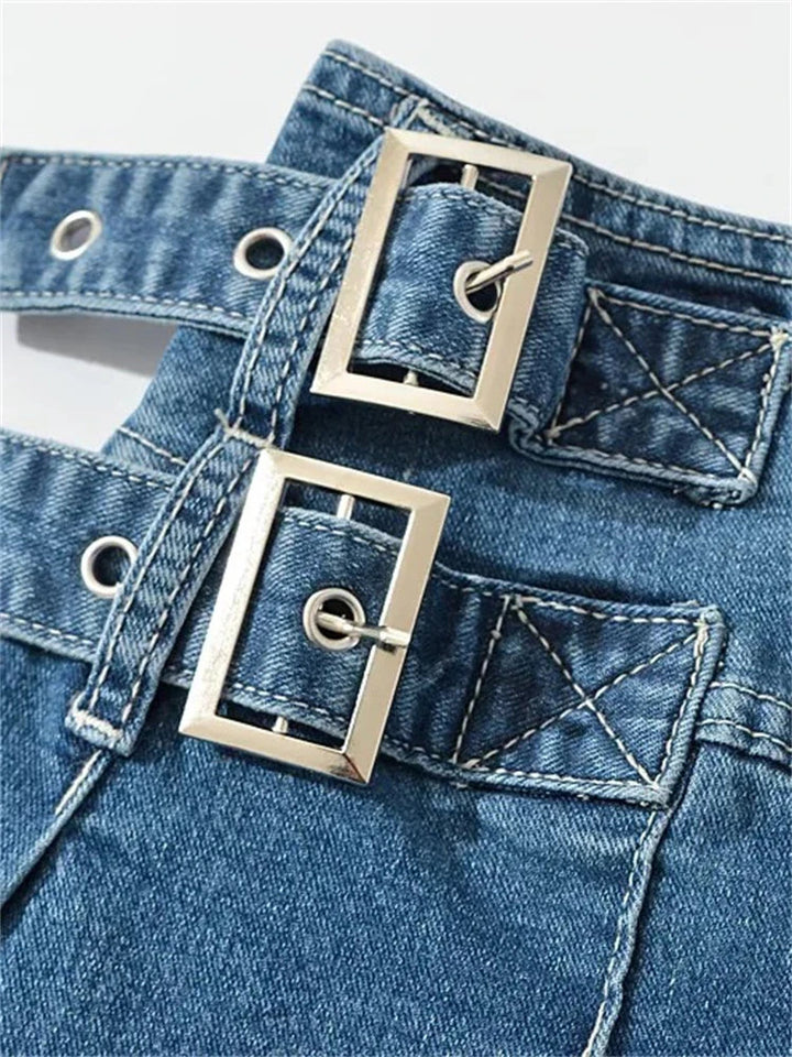 Violetta Buckle Detail Pleated Denim Mini Skirt