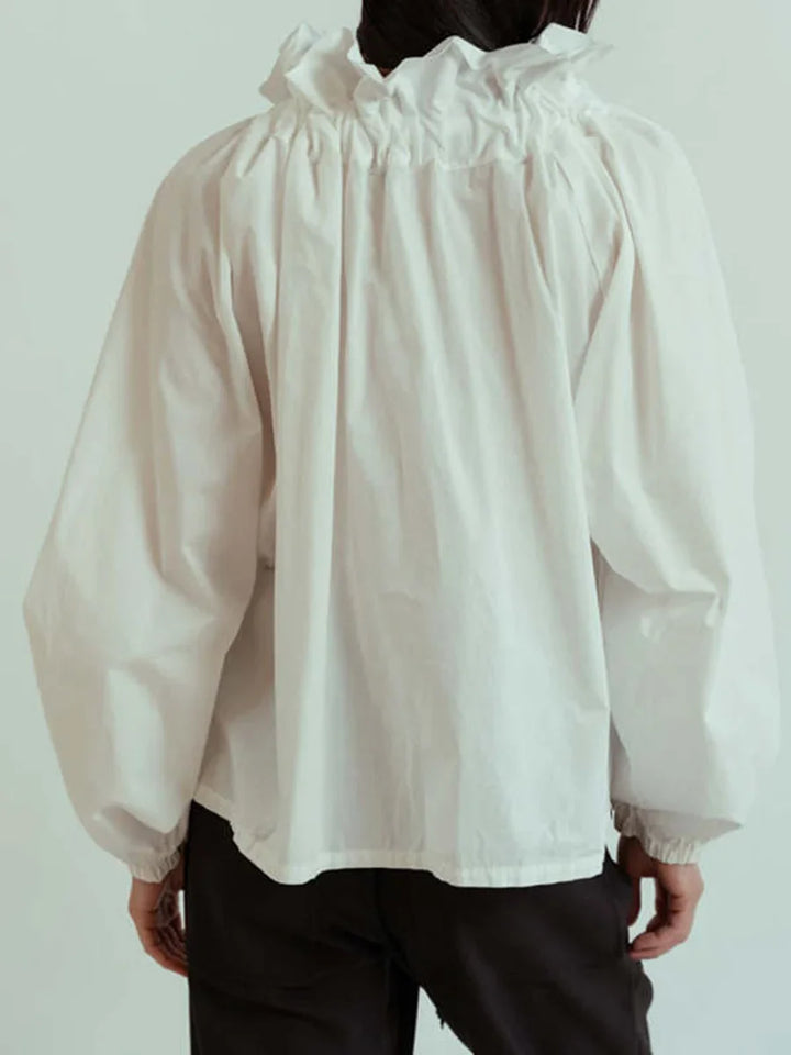 Elowenne Ruffle Tie Neck Cotton Blouse