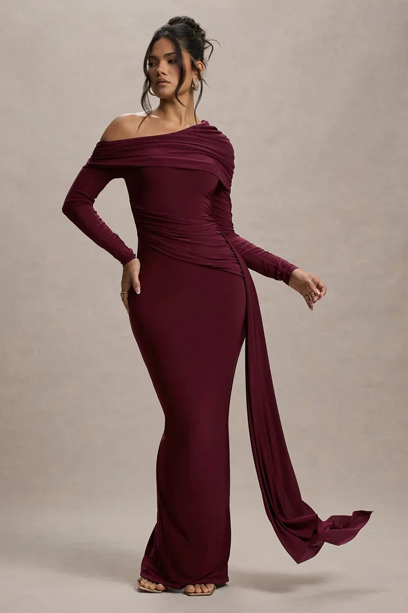 Evangeline Off-Shoulder Ruched Evening Gown