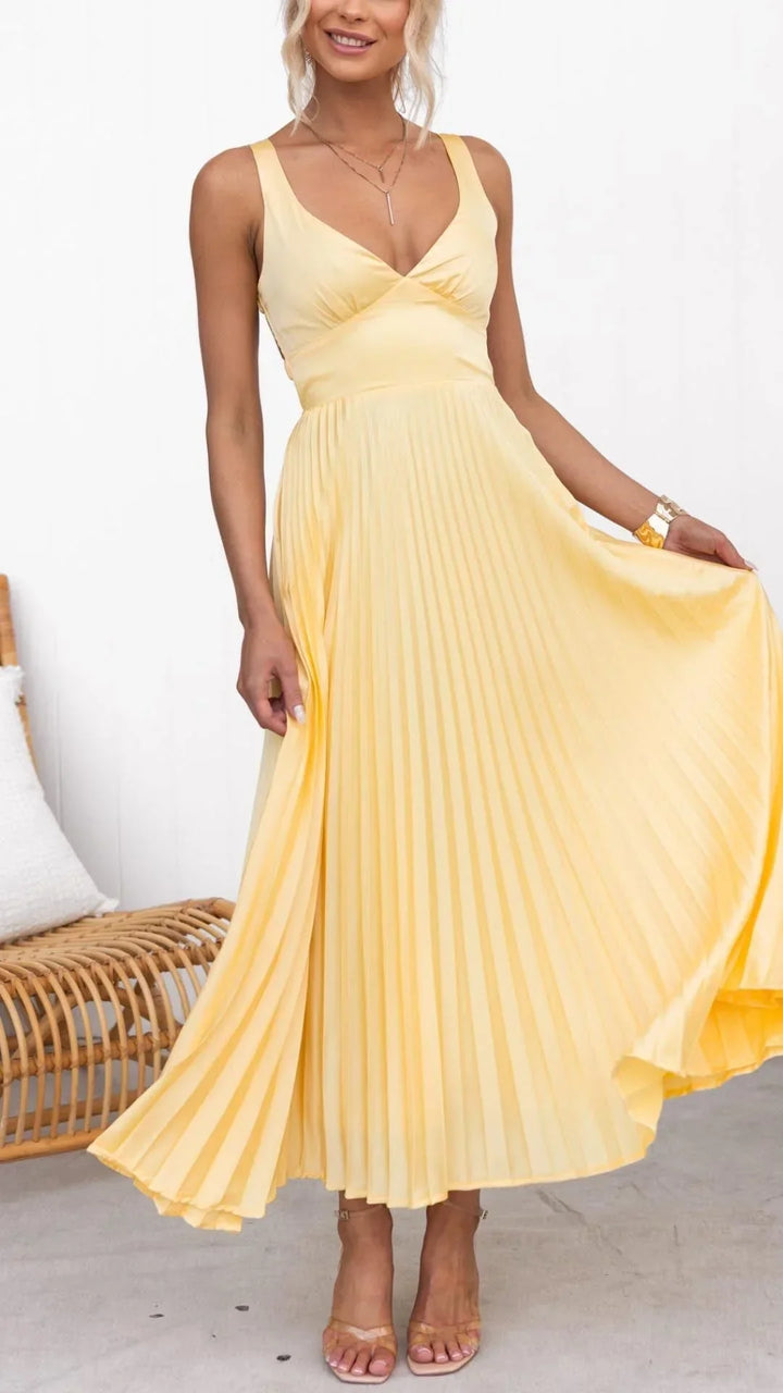 Solene Elegant Yellow Pleated V-Neck Maxi Dress