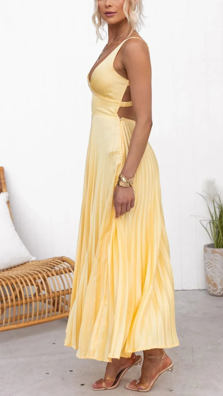 Solene Elegant Yellow Pleated V-Neck Maxi Dress