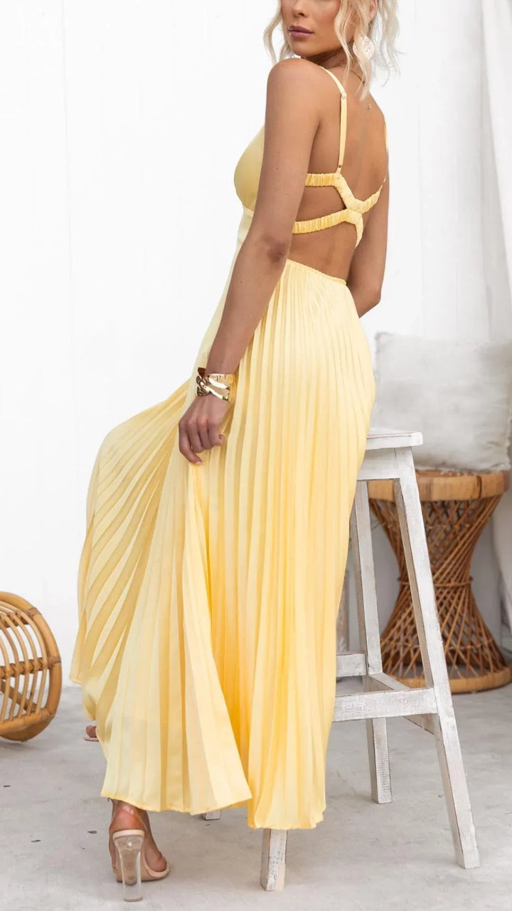 Solene Elegant Yellow Pleated V-Neck Maxi Dress