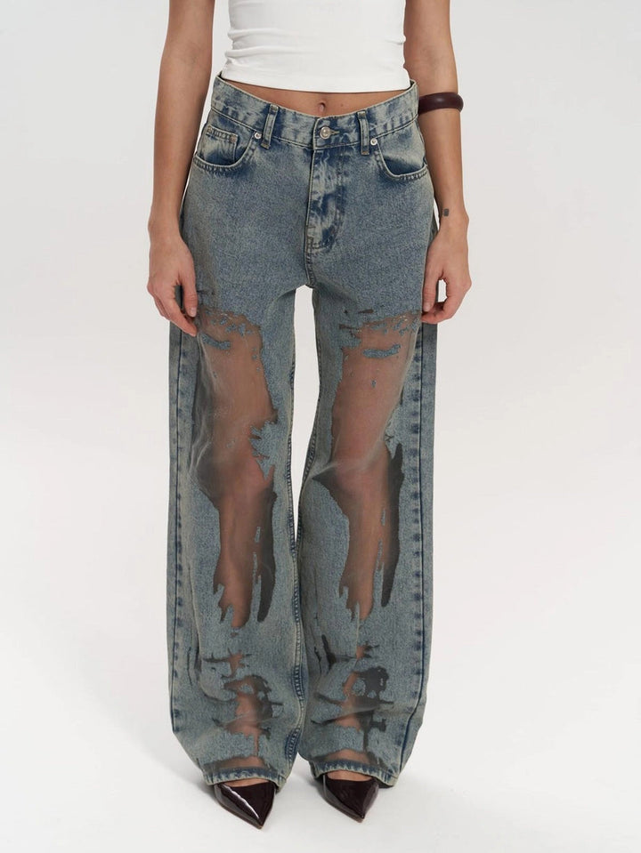 Calyx High Waist Mesh Panel Wide Leg Jeans
