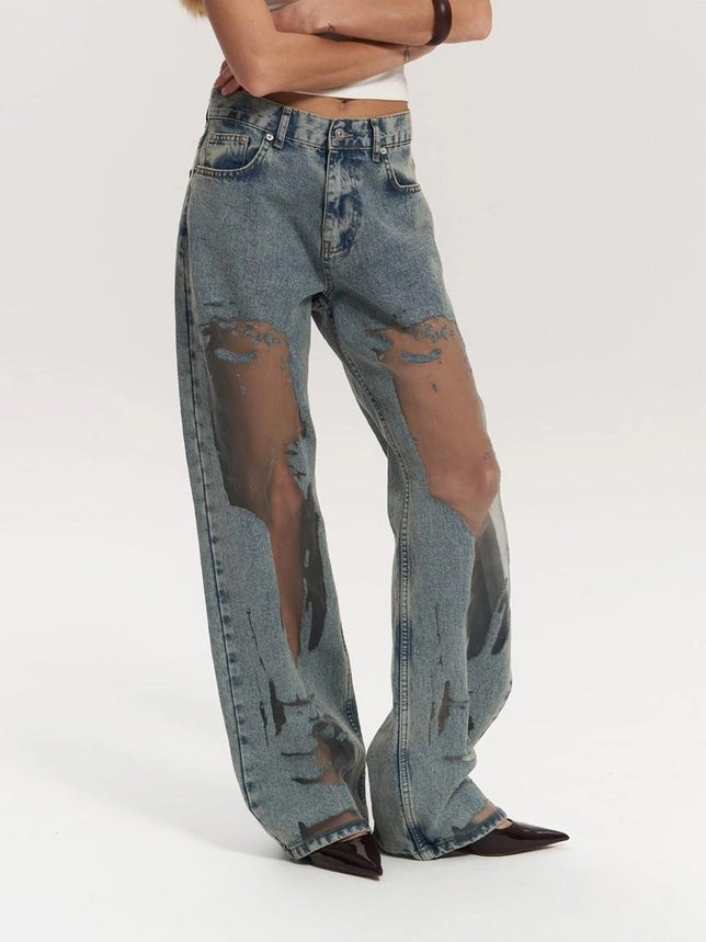 Calyx High Waist Mesh Panel Wide Leg Jeans