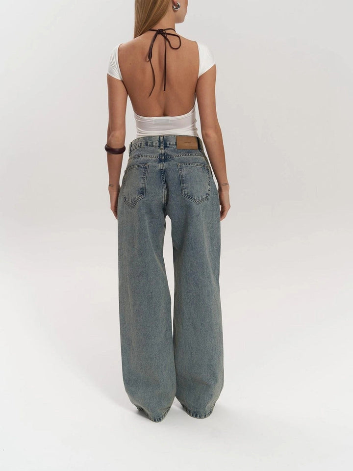 Calyx High Waist Mesh Panel Wide Leg Jeans