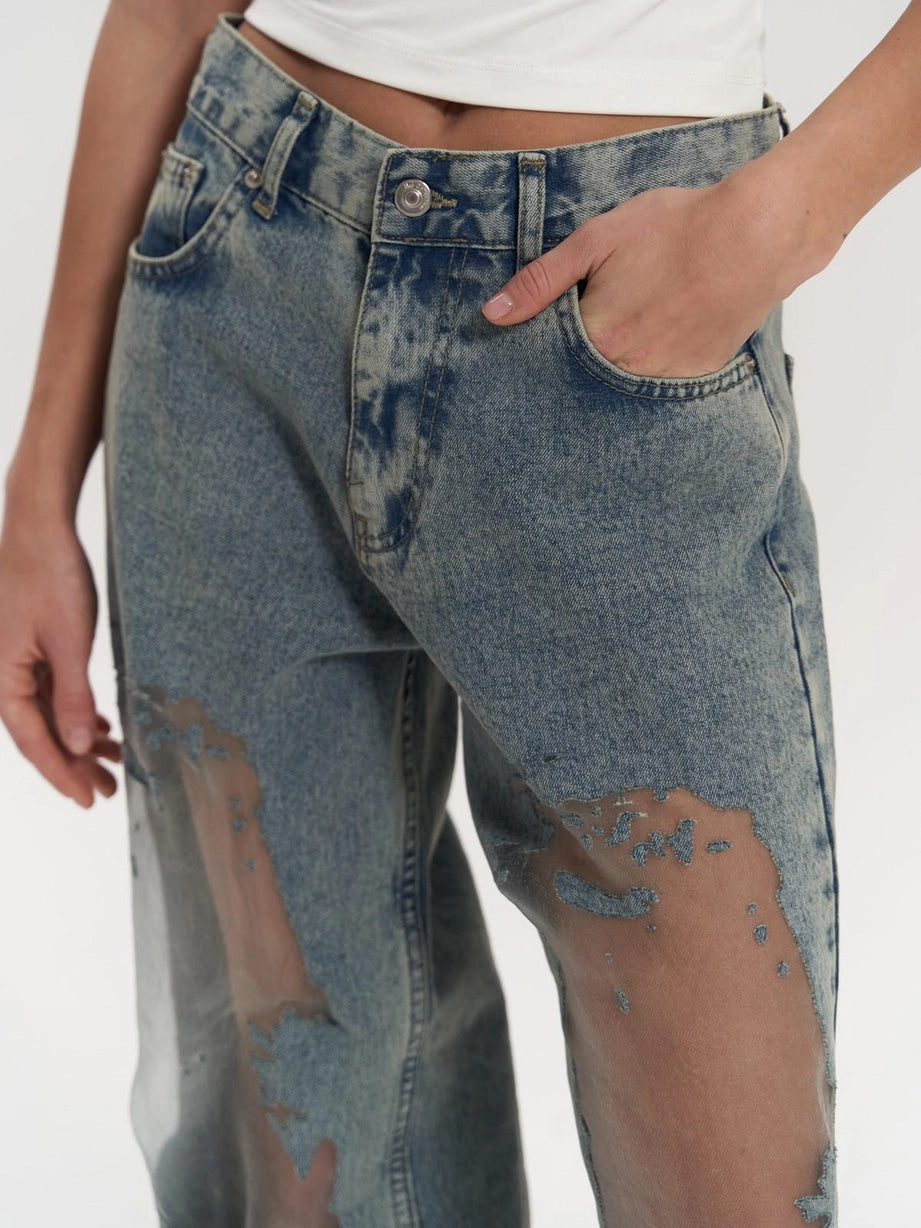 Calyx High Waist Mesh Panel Wide Leg Jeans