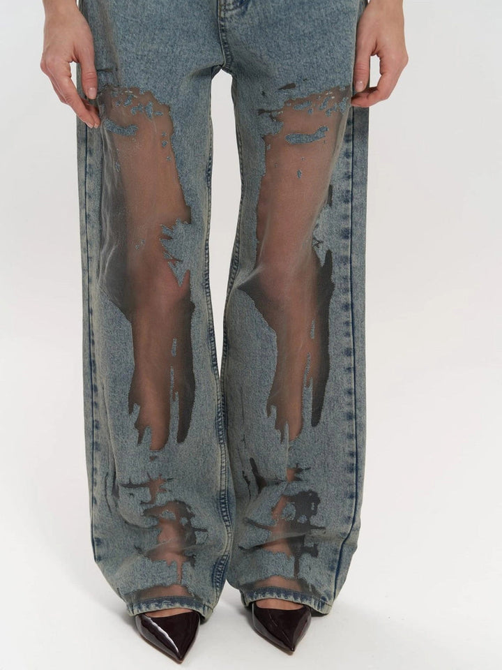 Calyx High Waist Mesh Panel Wide Leg Jeans
