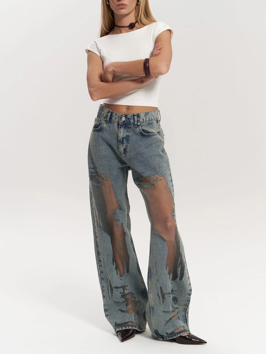 Calyx High Waist Mesh Panel Wide Leg Jeans