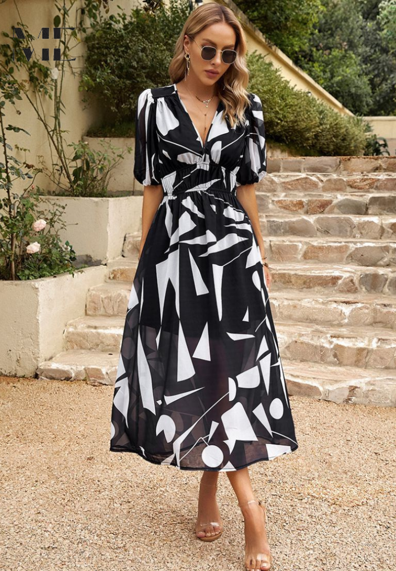 Celeste Elegant Floral Midi Dress with Puff Sleeves