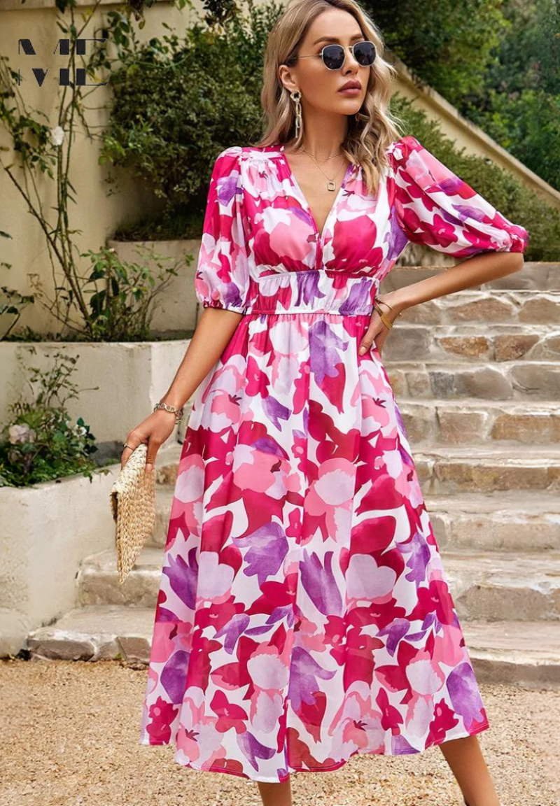 Celeste Elegant Floral Midi Dress with Puff Sleeves