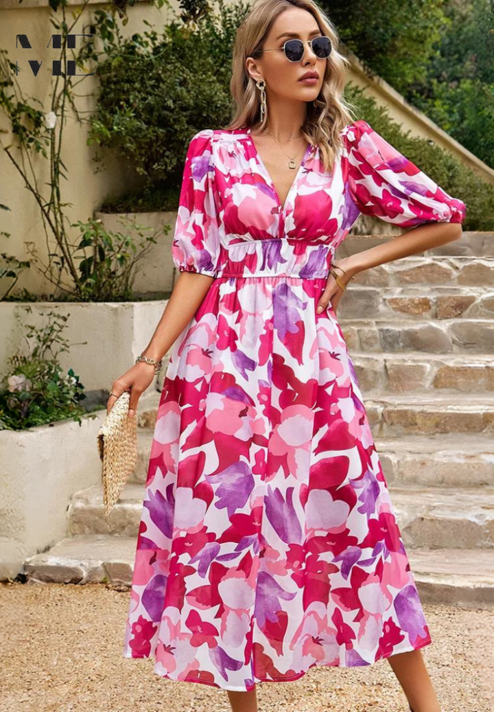 Celeste Elegant Floral Midi Dress with Puff Sleeves