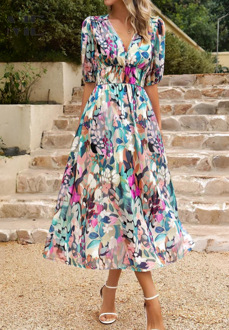 Celeste Elegant Floral Midi Dress with Puff Sleeves