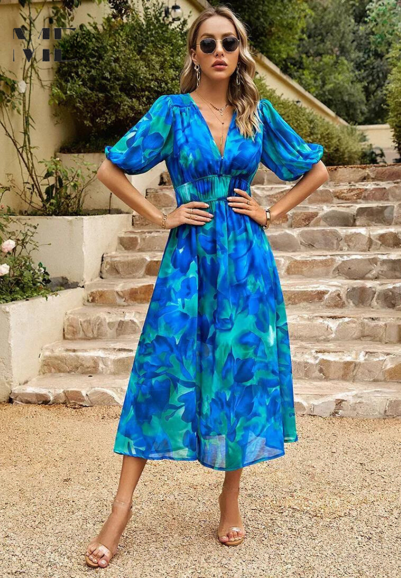 Celeste Elegant Floral Midi Dress with Puff Sleeves