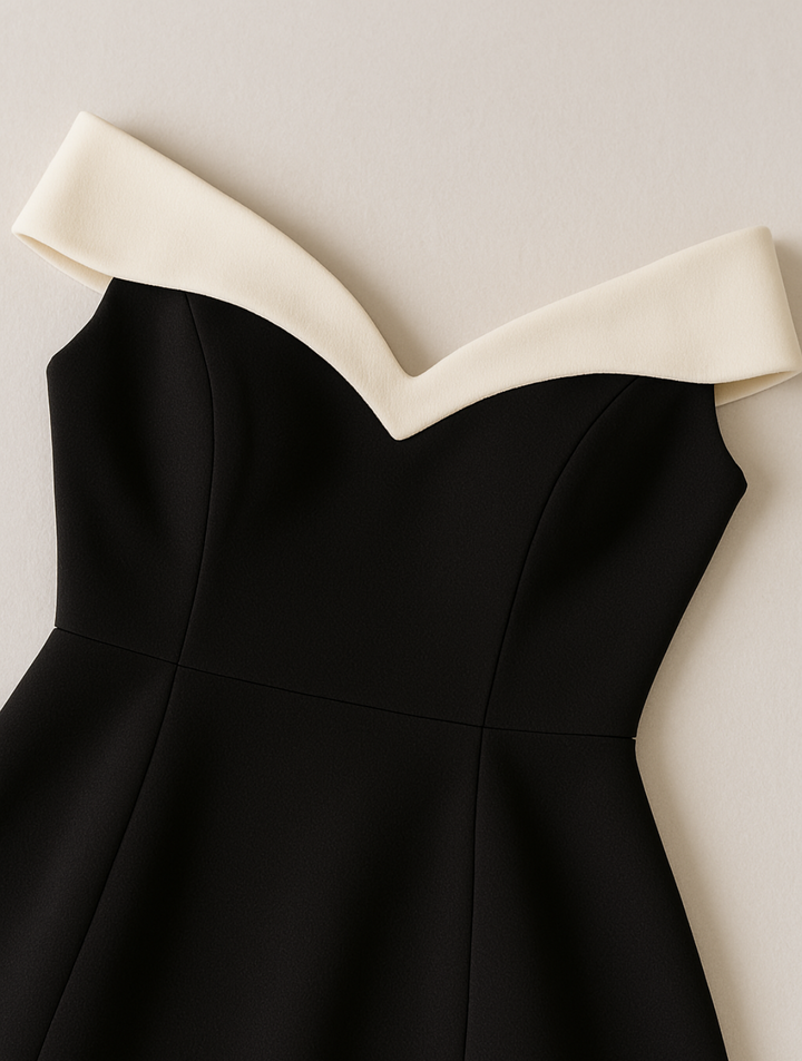 Off-Shoulder Contrast Black Mini Dress with Sweetheart Neckline
