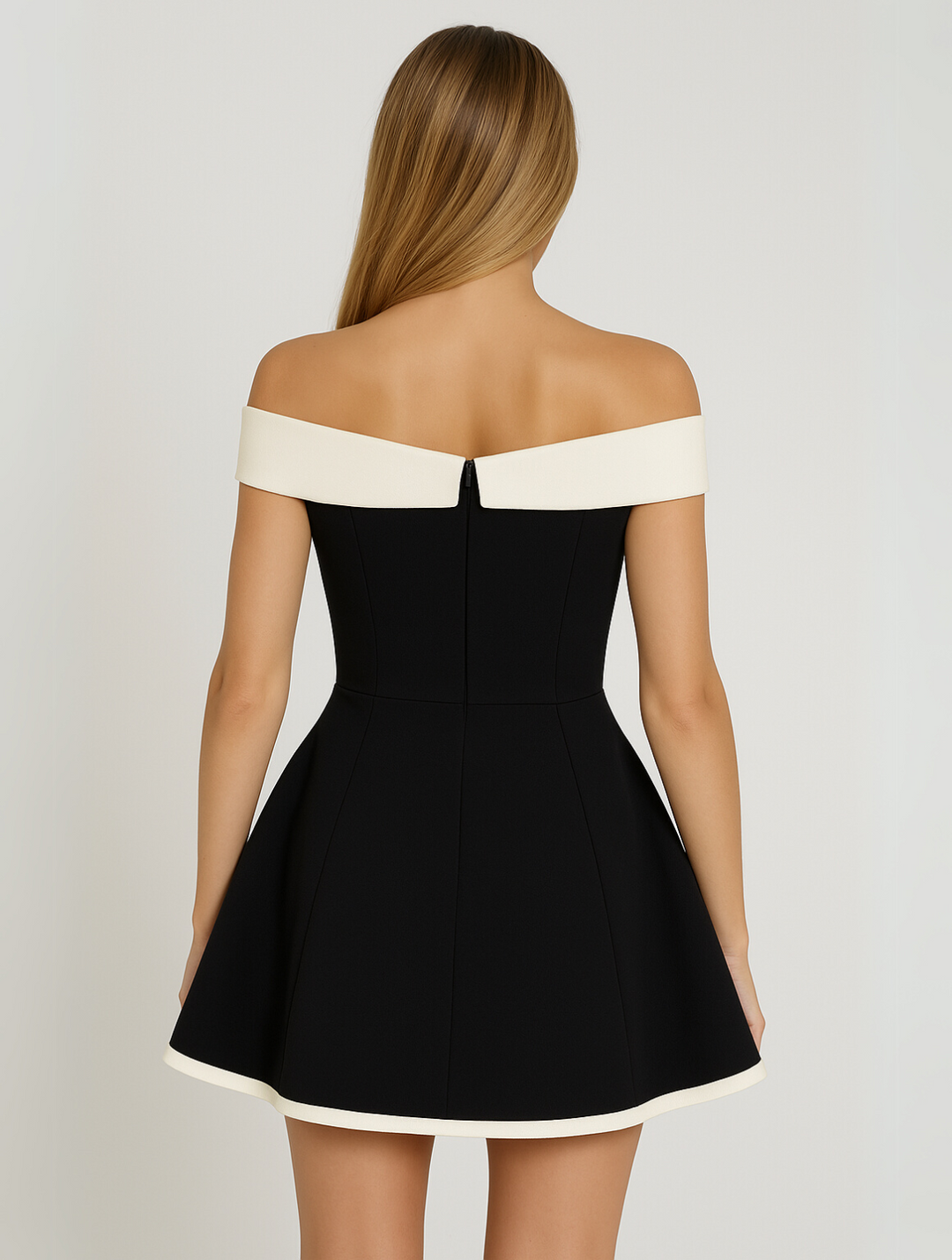 Off-Shoulder Contrast Black Mini Dress with Sweetheart Neckline