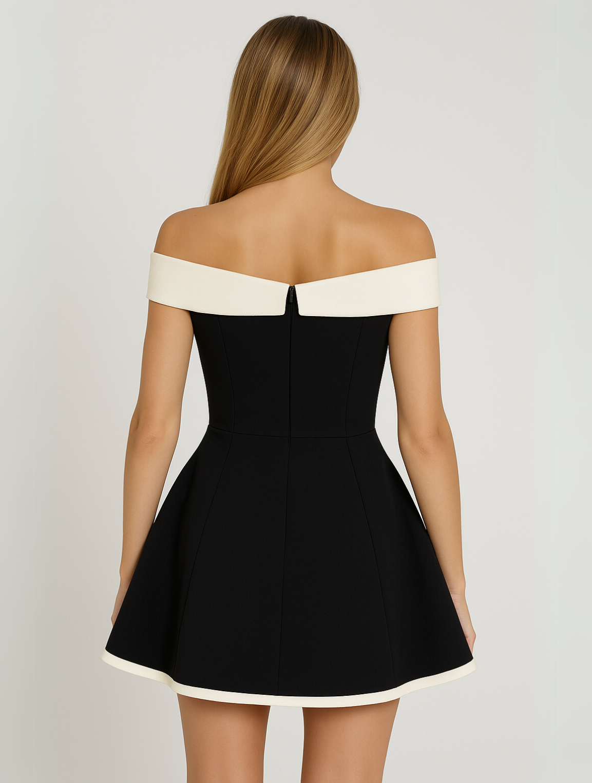 Off-Shoulder Contrast Black Mini Dress with Sweetheart Neckline