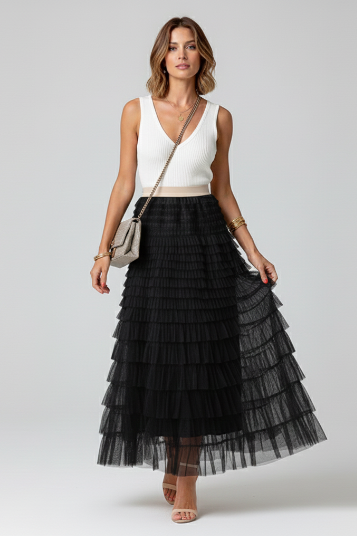 Daisy Layered Tulle Midi Skirt with Elastic Waist