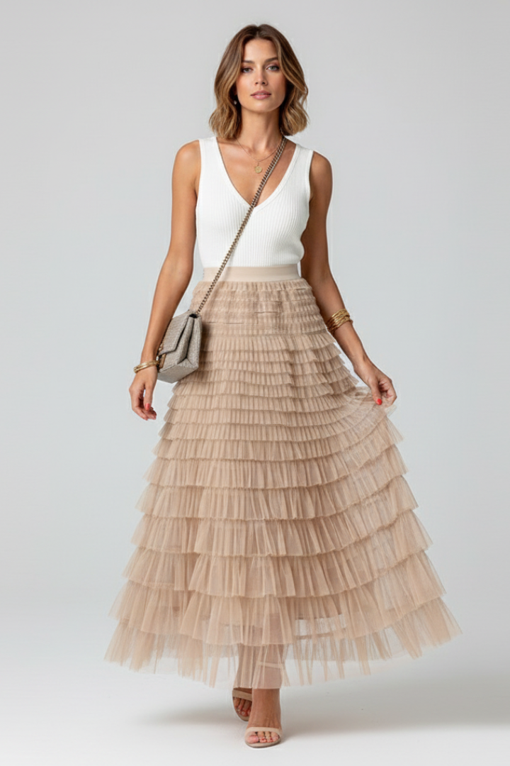 Daisy Layered Tulle Midi Skirt with Elastic Waist