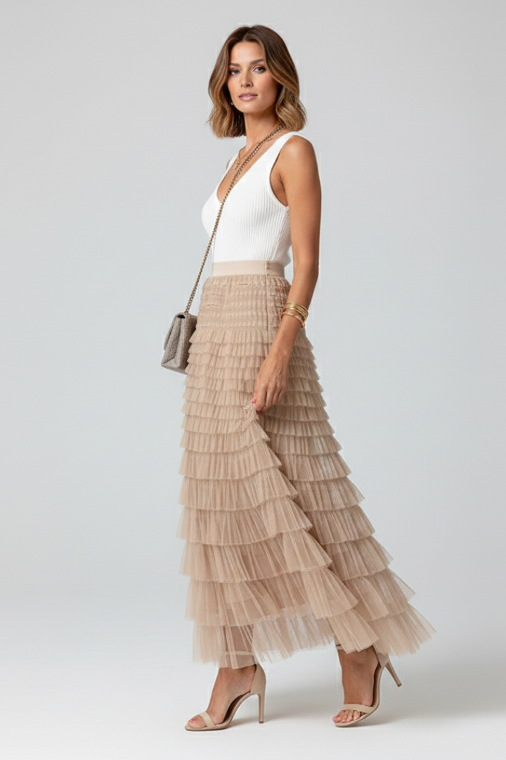 Daisy Layered Tulle Midi Skirt with Elastic Waist