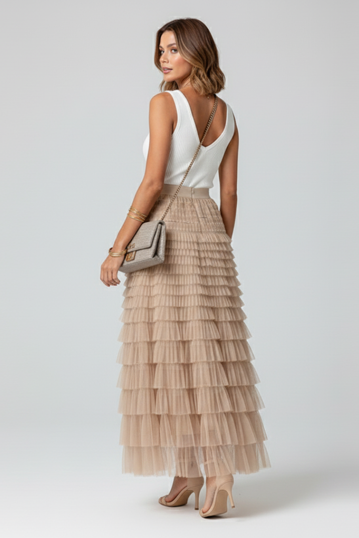 Daisy Layered Tulle Midi Skirt with Elastic Waist