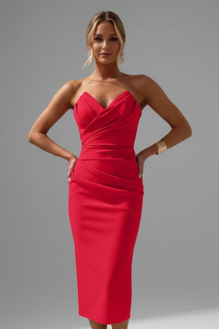 Eleanor Strapless Ruched Skirt Midi Dress