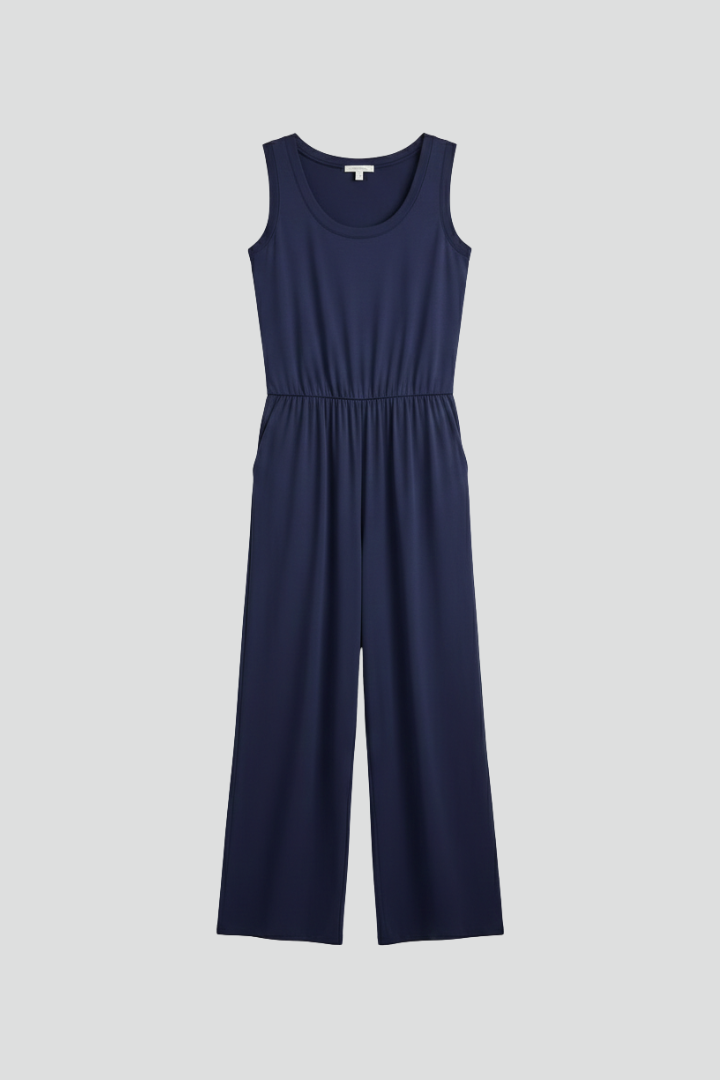 Stella Round-Neck Elastic-Waist Wide-Leg Jumpsuit