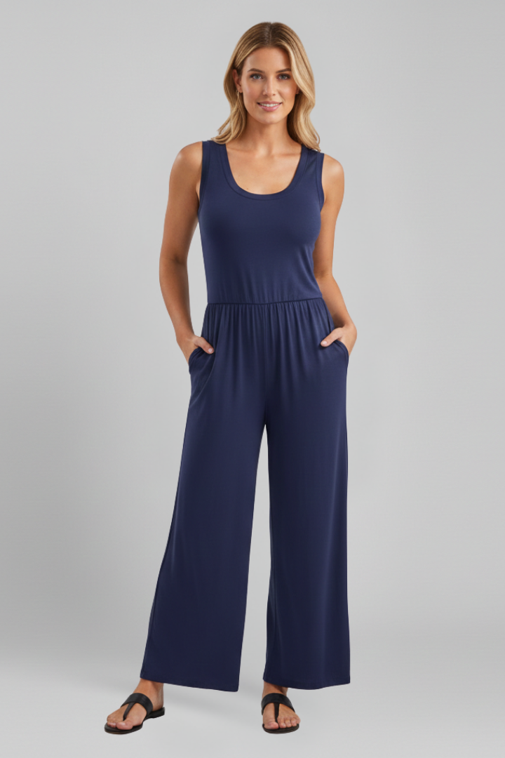Stella Round-Neck Elastic-Waist Wide-Leg Jumpsuit