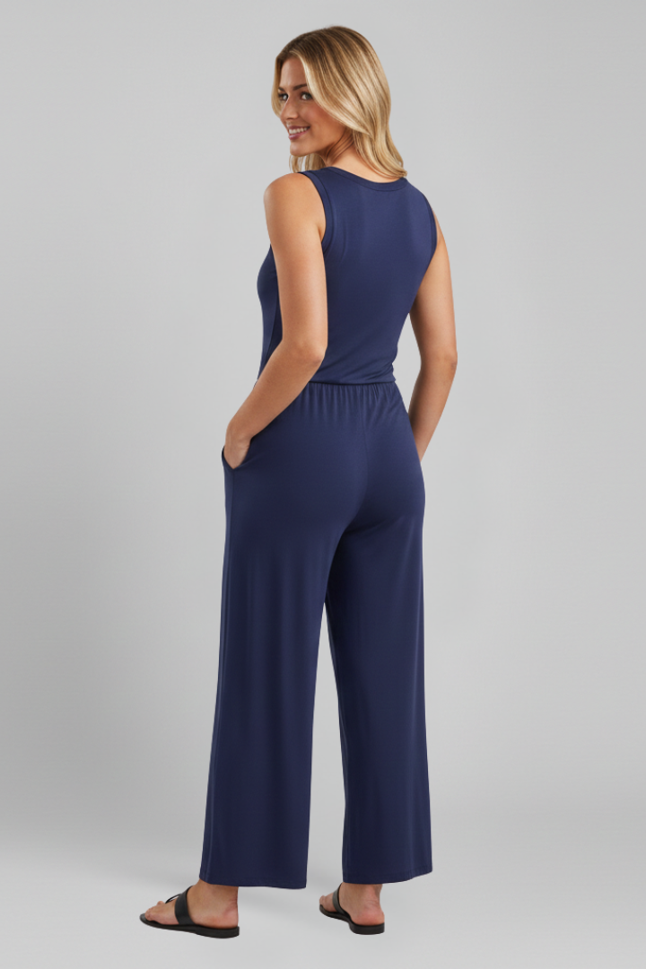 Stella Round-Neck Elastic-Waist Wide-Leg Jumpsuit