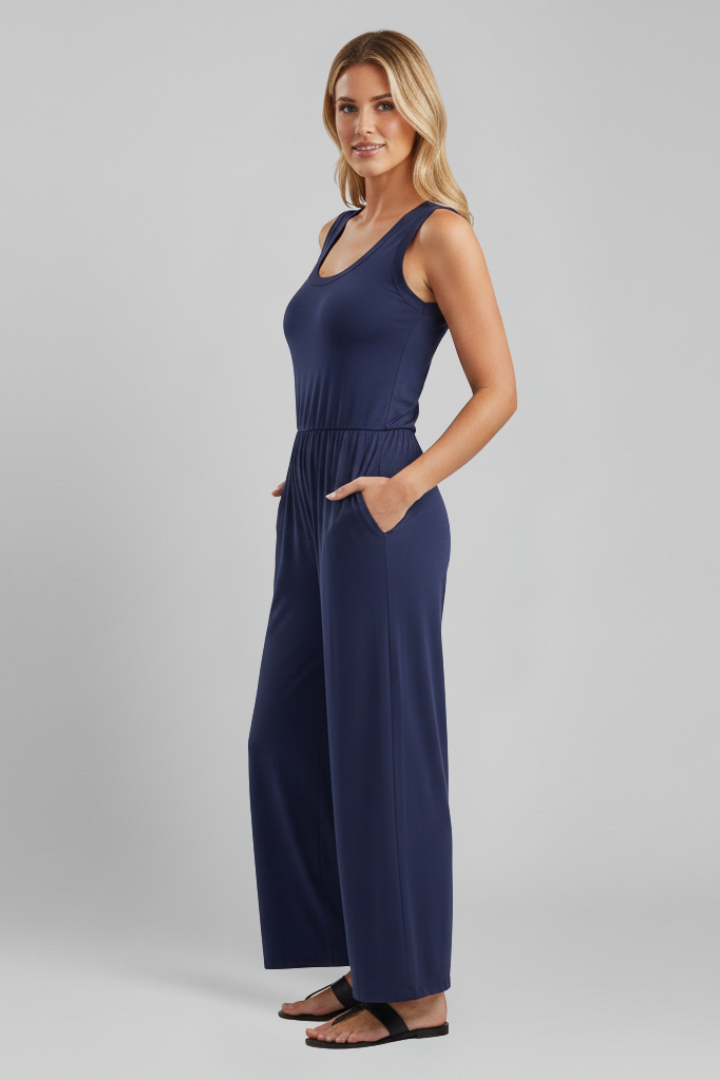 Stella Round-Neck Elastic-Waist Wide-Leg Jumpsuit