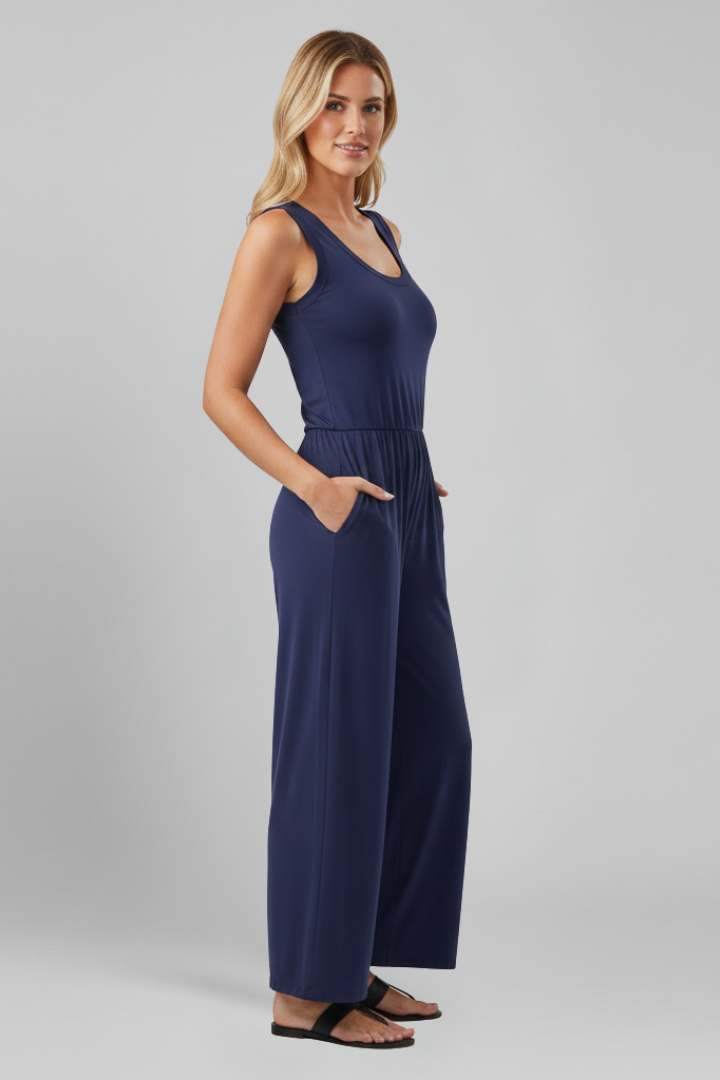 Stella Round-Neck Elastic-Waist Wide-Leg Jumpsuit