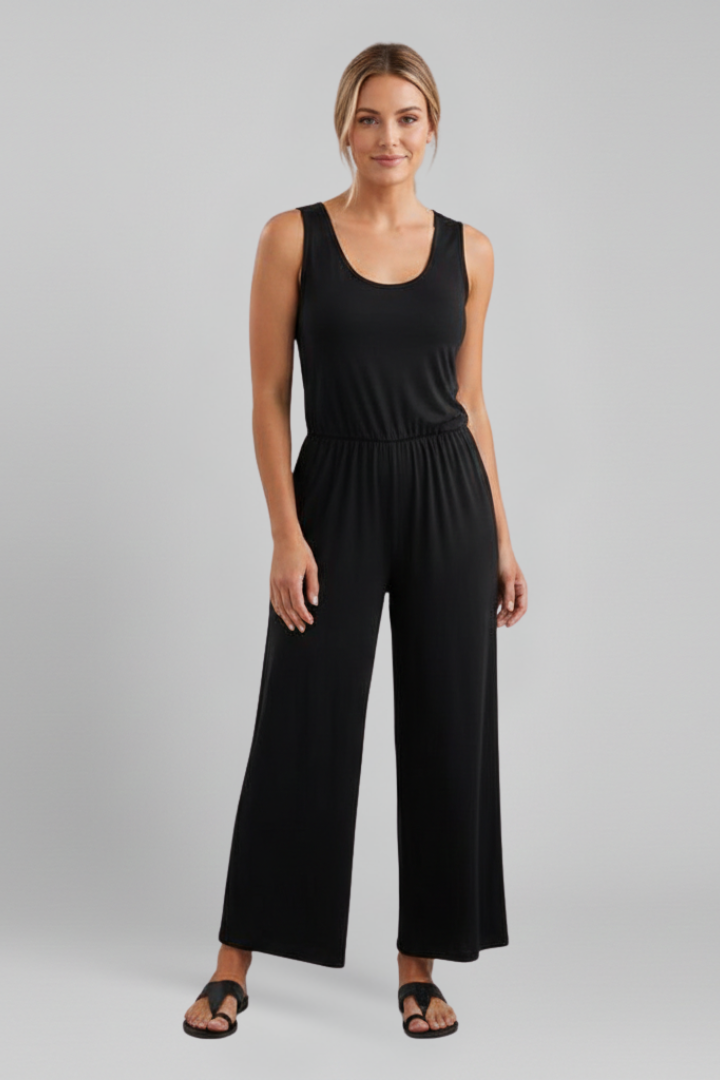 Stella Round-Neck Elastic-Waist Wide-Leg Jumpsuit