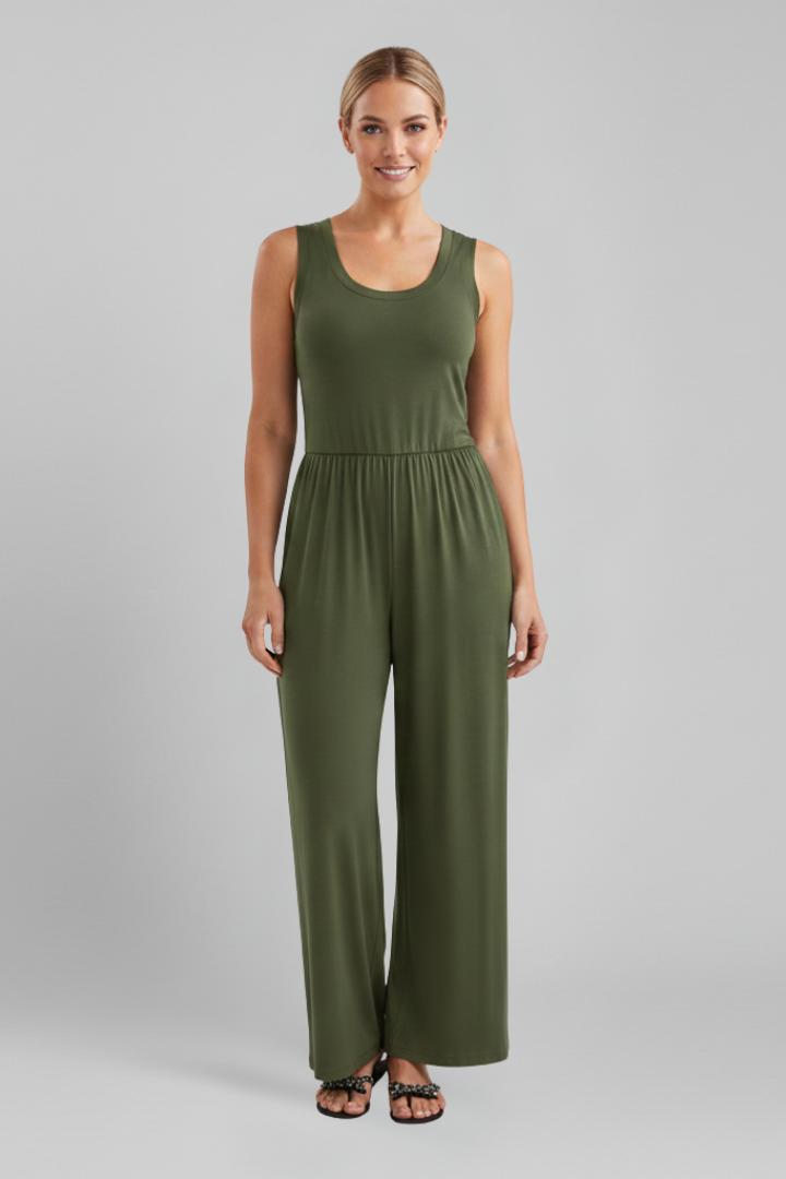 Stella Round-Neck Elastic-Waist Wide-Leg Jumpsuit