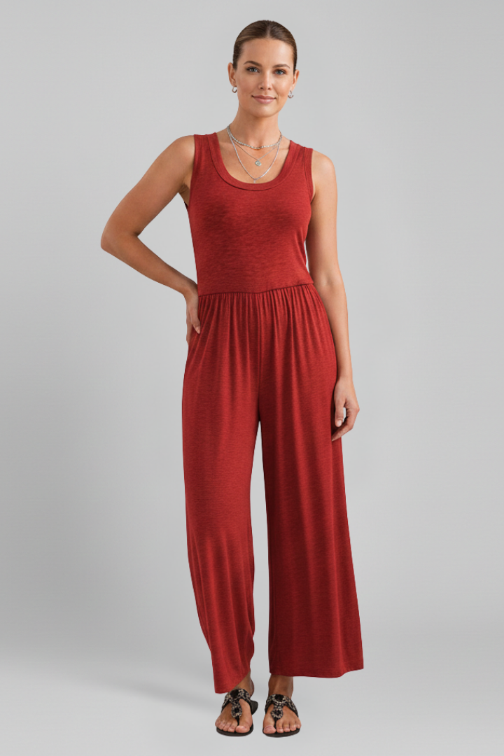 Stella Round-Neck Elastic-Waist Wide-Leg Jumpsuit