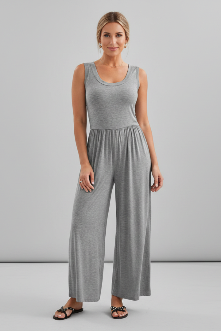 Stella Round-Neck Elastic-Waist Wide-Leg Jumpsuit