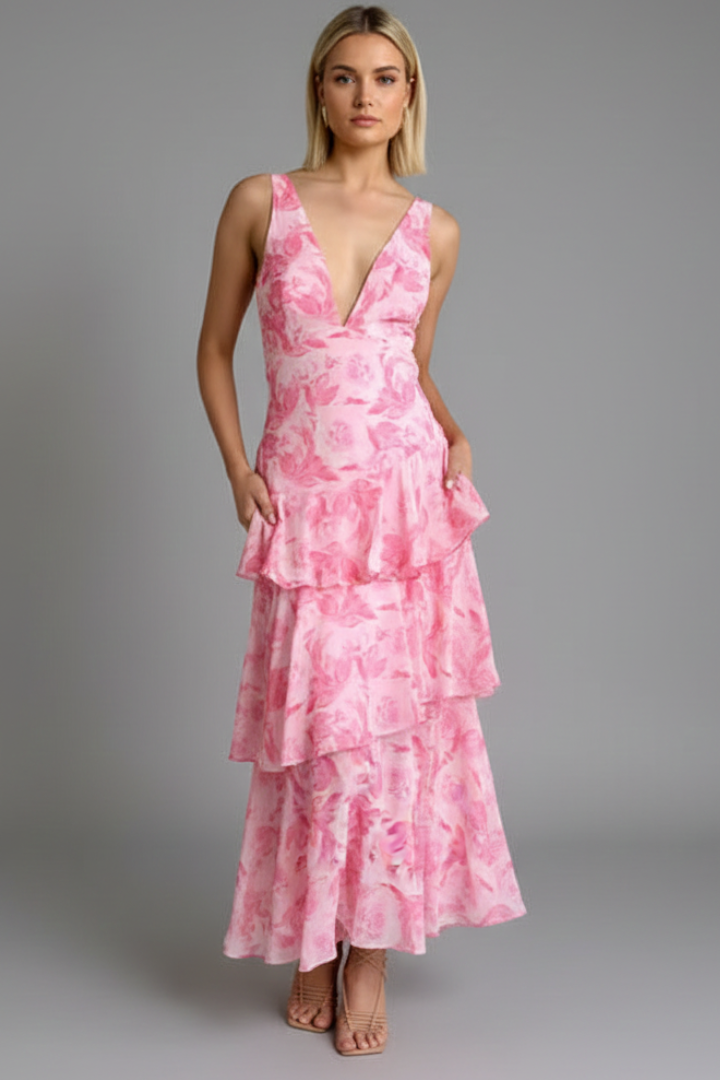 Sophie Women’s V-Neck Tiered Skirt Maxi Dress