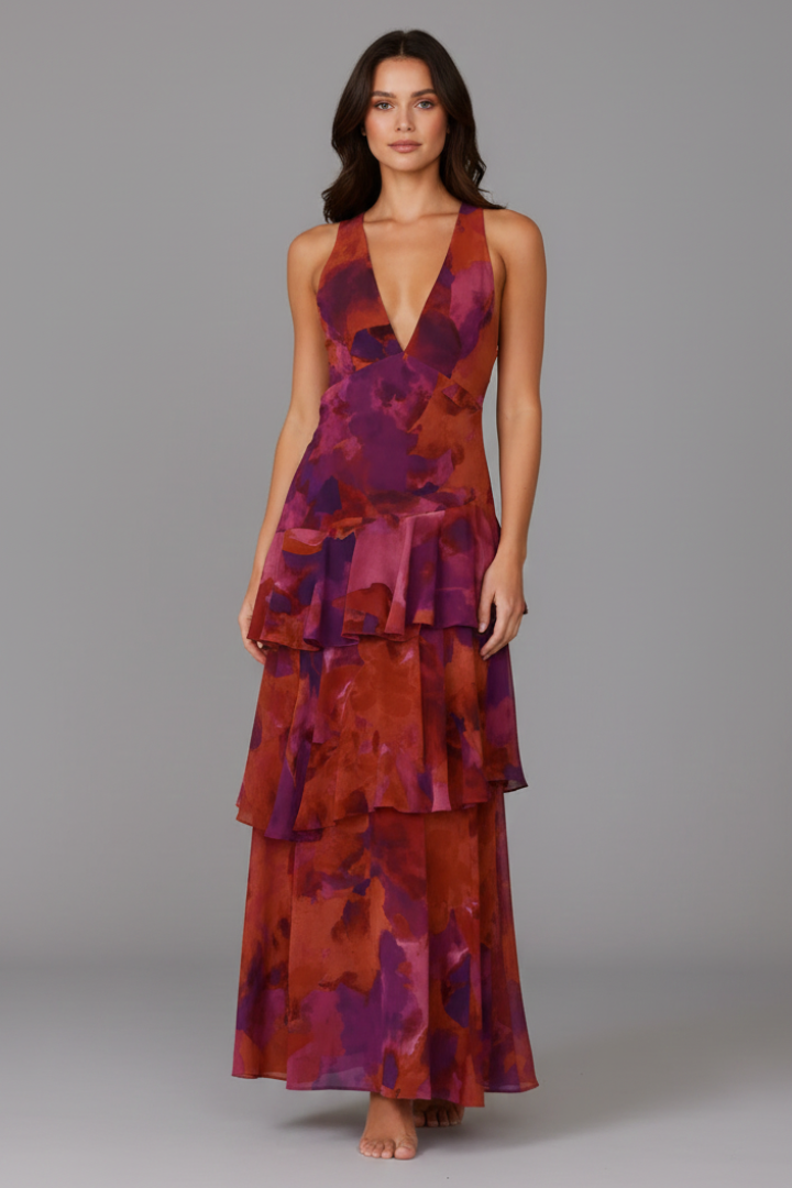 Sophie Women’s V-Neck Tiered Skirt Maxi Dress