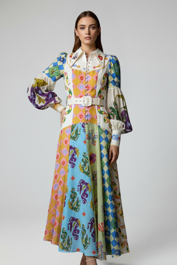 Lucy Women’s Long Sleeve Printed Maxi Dress with V-Neck
