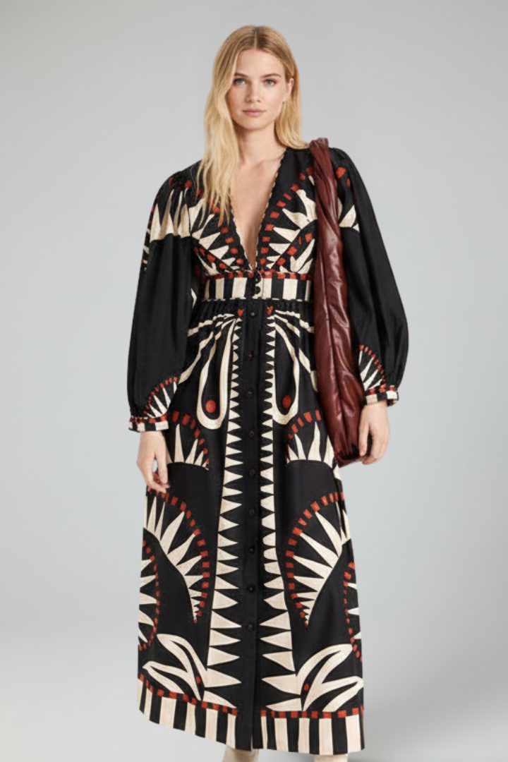 Lucy Women’s Long Sleeve Printed Maxi Dress with V-Neck
