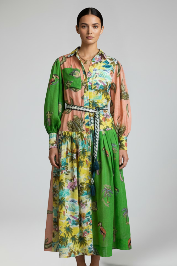 Lucy Women’s Long Sleeve Printed Maxi Dress with V-Neck