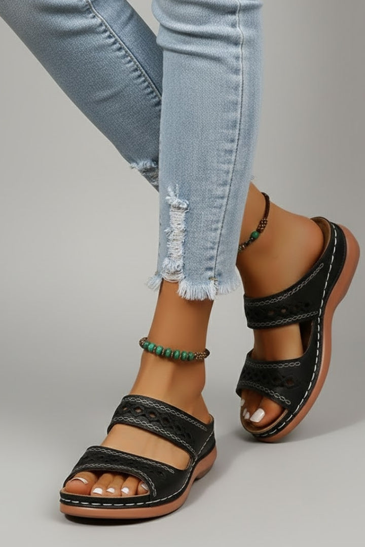 Harper Slide Sandals with Dual Straps and Decorative Cutouts