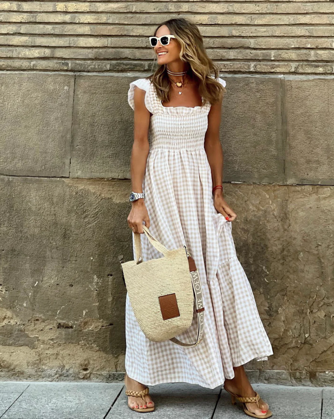 Elodie Summer Smocked Gingham Maxi Dress with Ruffle Sleeves