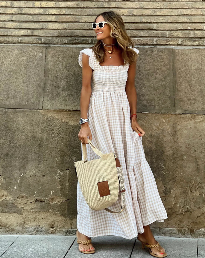 Elodie Summer Smocked Gingham Maxi Dress with Ruffle Sleeves