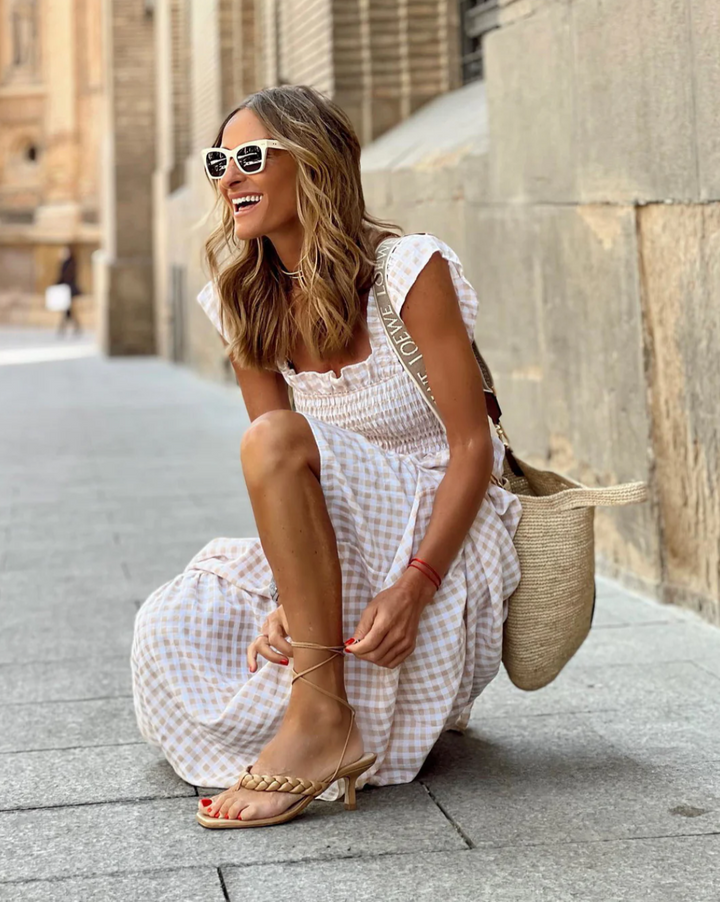 Elodie Summer Smocked Gingham Maxi Dress with Ruffle Sleeves