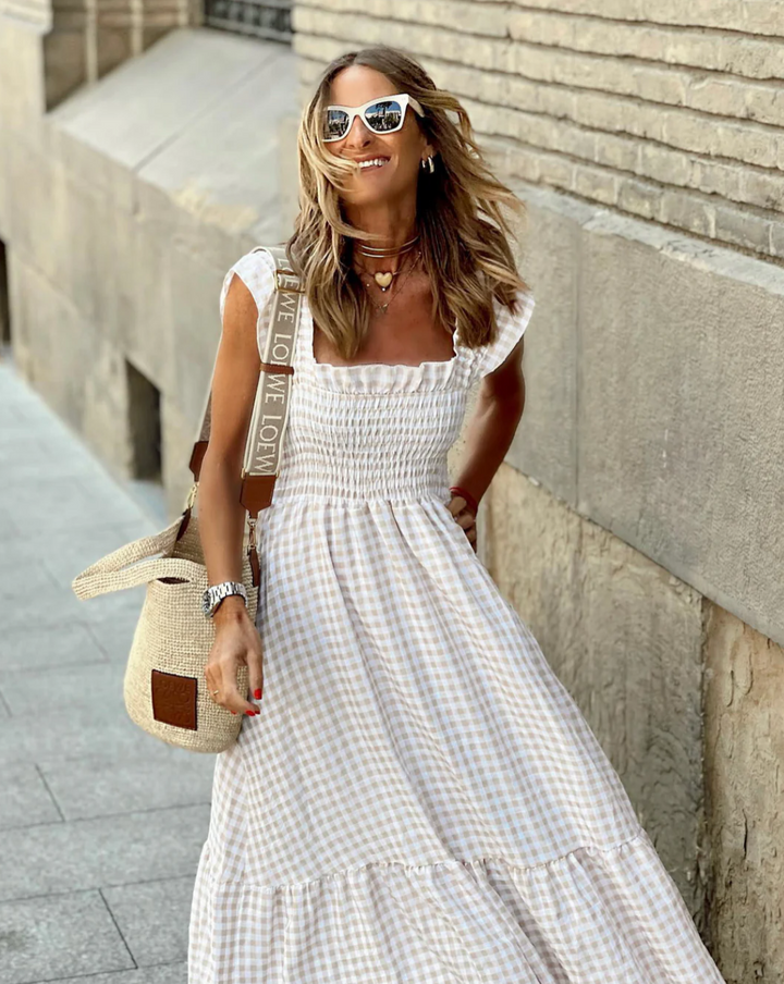 Elodie Summer Smocked Gingham Maxi Dress with Ruffle Sleeves