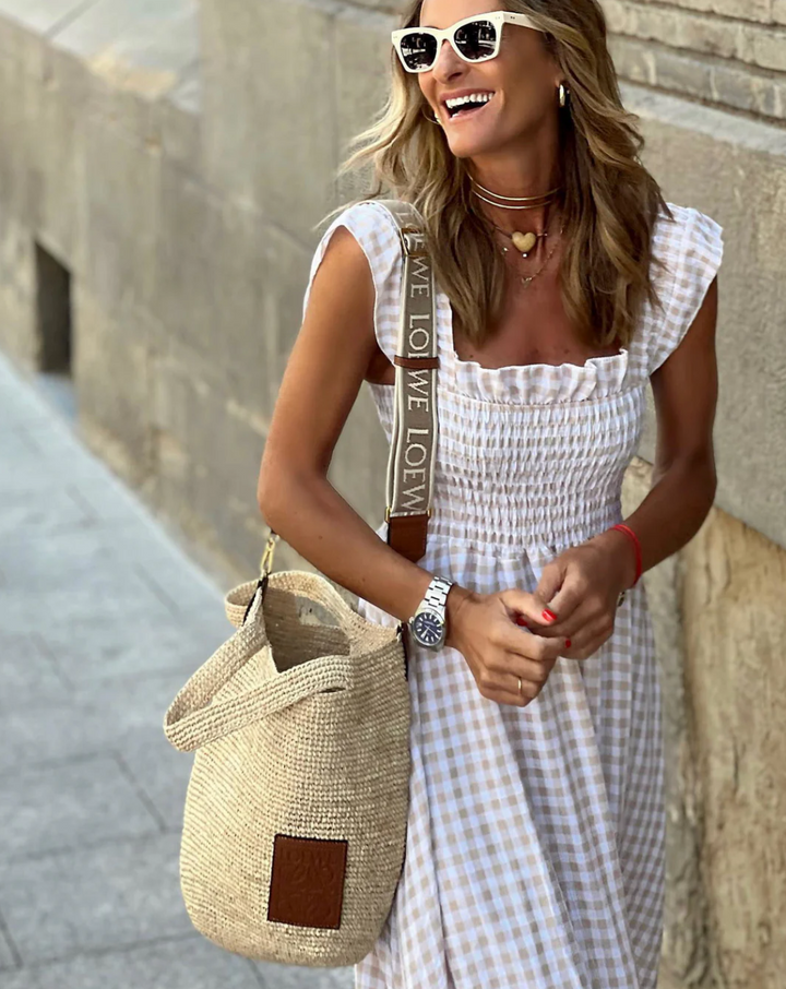Elodie Summer Smocked Gingham Maxi Dress with Ruffle Sleeves