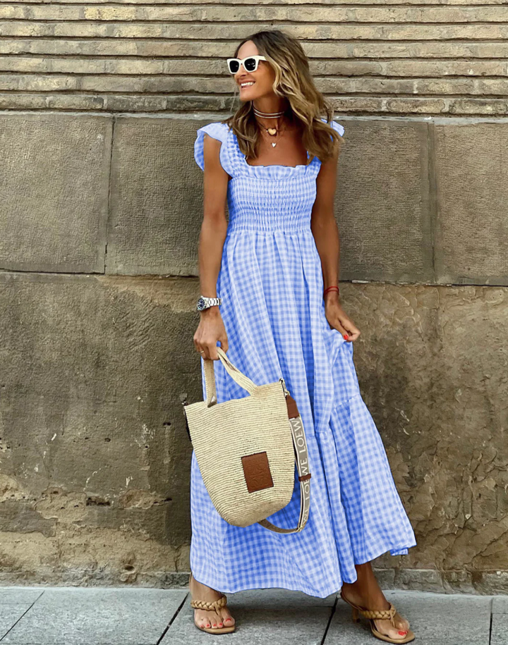 Elodie Summer Smocked Gingham Maxi Dress with Ruffle Sleeves