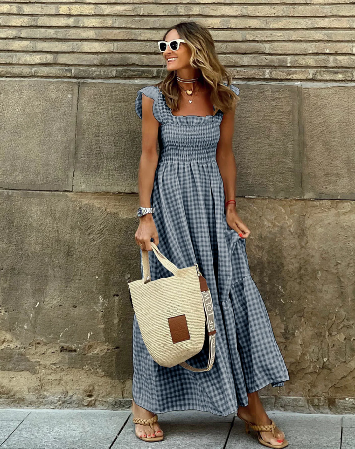 Elodie Summer Smocked Gingham Maxi Dress with Ruffle Sleeves